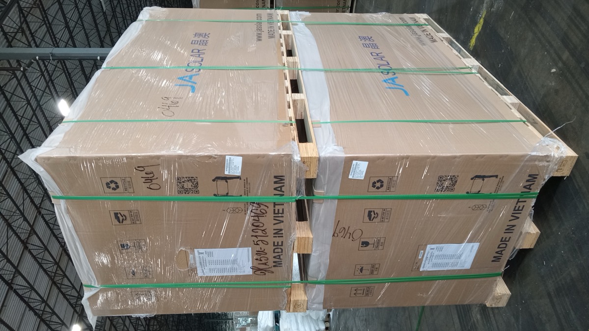 JA Solar module pallets in the Texas (Pasadena) warehouse