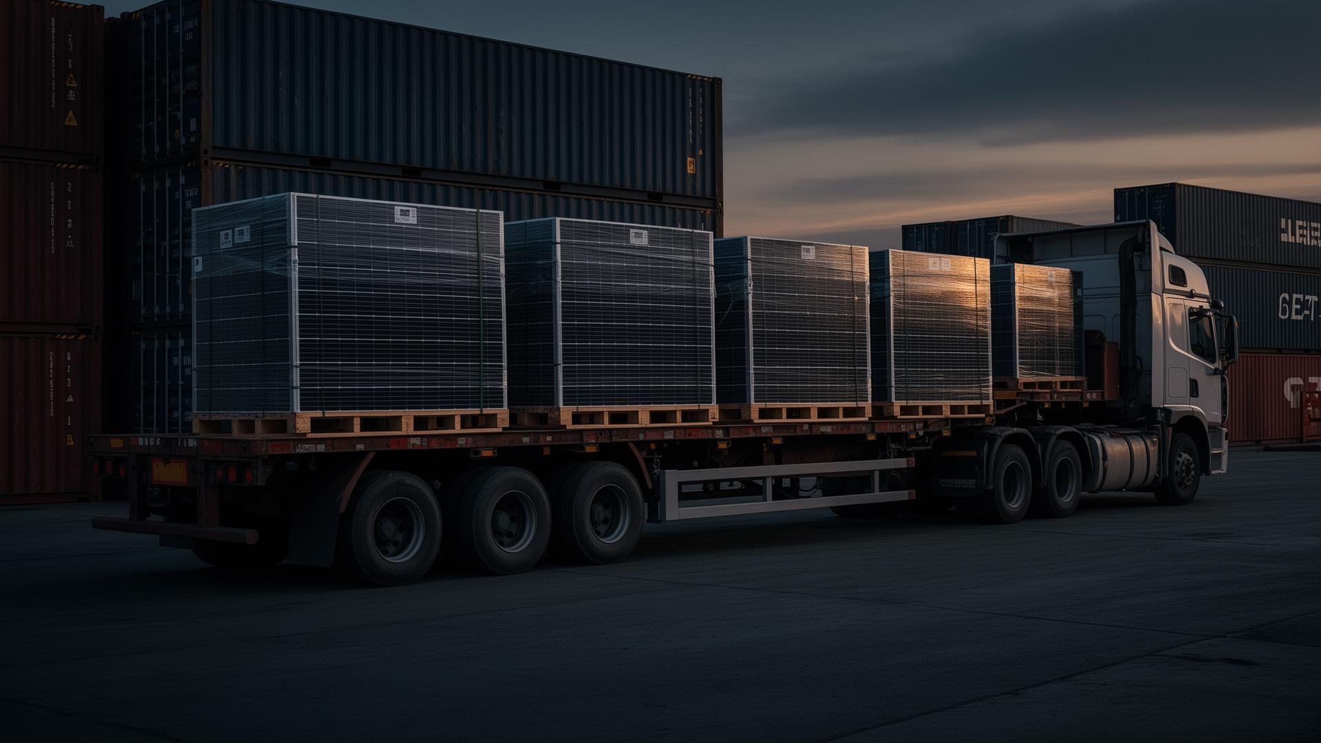 Container logistics with solar module pallets at U.S. port